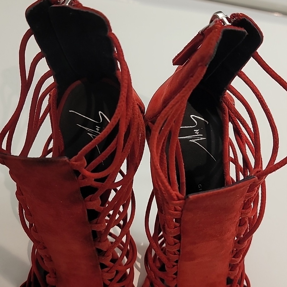 Giuseppe Zanotti Red Strappy Suede Stiletto Heels - Picture 9 of 14